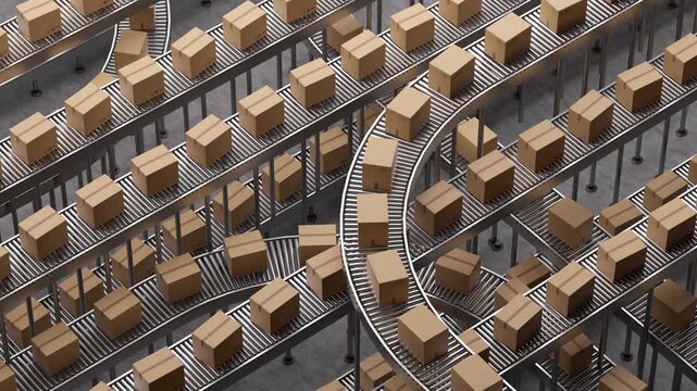 Endless stream of cardboard boxes circulating on a multilevel conveyor belt system. Modern automated sorting and delivery in a warehouse. 3d loop animation 4k