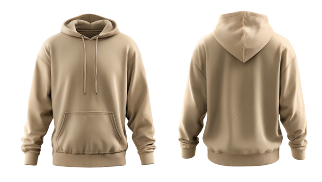 Plain tan hoodie, front & back views. Minimalist, casual