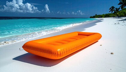 Orange inflatable raft rests on a pristine white sand beach beside a calm turquoise ocean with lush green palm trees in the background under a bright sunny sky