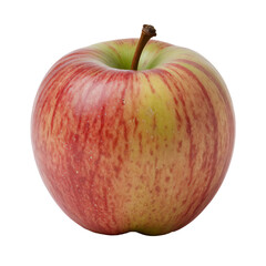 A juicy red apple with green stripes and shiny skin, presented as studio isolate on a light background. Ideal for healthy eating, desserts and selling fresh fruits, showing quality and freshness.