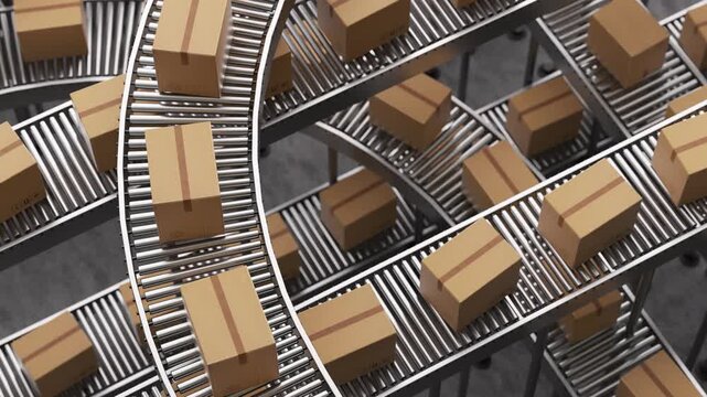 Endless loop of cardboard boxes traveling on a complex roller conveyor system. Automated warehouse logistics and distribution center concept. 3d loop animation 4k