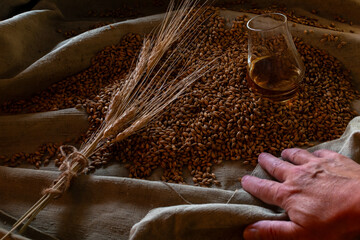 A hand rests among raw barley grain and wheat ears, next to a glass of whiskey on burlap. A rustic, conceptual still life emphasizing heritage and natural ingredients