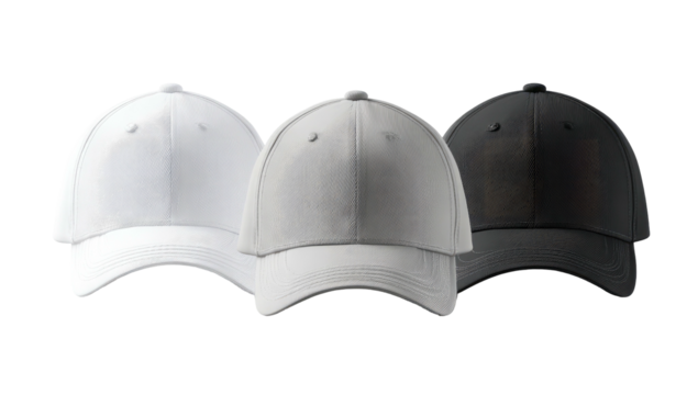 Three hats, white, grey, black, arranged closely