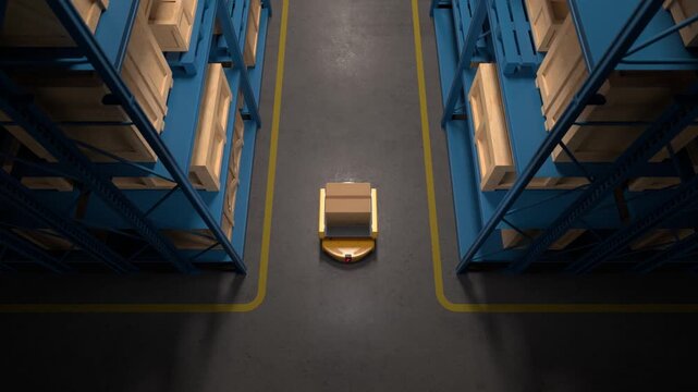 Modern autonomous mobile robot carrying a parcel through the aisles of a logistics center. Automated warehouse management system concept. 3d loop animation 4k