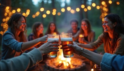 Young friends toast with beer glasses around campfire at night. They laugh, enjoy drinks, and outdoor party. String lights illuminate happy social gathering in forest setting, celebrating friendship.