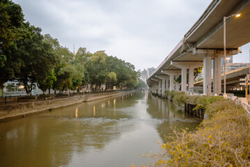 Fototapeta premium Canton, China : Evening view of the Lizhiwan or Liwan Canal in Guangzhou, Canton, China. Banyan or banian trees on the banks. Buildings, aerial highway.