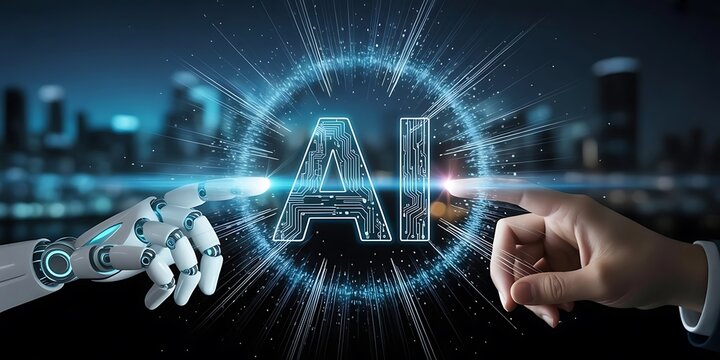 White humanoid hand using digital artificial intelligence icon hologram 3D rendering, High quality