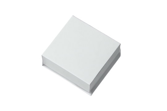 White square box, lid slightly ajar, black background