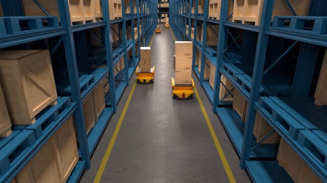 Automated guided vehicles moving through a logistics center, efficiently transporting goods. This represents the future of warehouse automation. 3d animation 4k - Powered by Adobe
