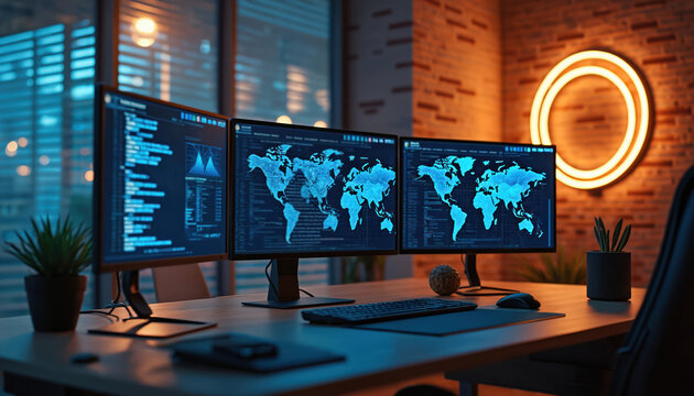 Modern office desk with three computer monitors displaying data, world maps. Keyboard, mouse on wooden table. Potted plants, neon light in background. Brick wall, large window with blinds. Office