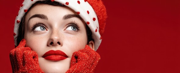 Joyful woman in a Santa hat celebrating New Year