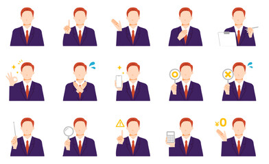 顧客対応するビジネスシーンで使えるスーツを着たビジネスマンのイラスト集。フラットデザイン。