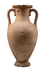 An antique terracotta amphora with two handles, decorated with horizontal lines and cracks, presented as studio isolate. A unique antique artifact for illustrations, historical projects and demonstrat