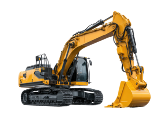 Yellow excavator on black background, extended arm