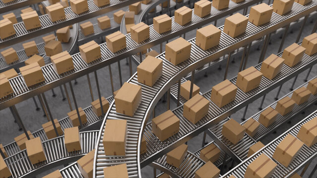 Cardboard boxes moving on automated conveyor belt