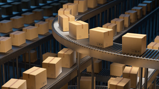 Cardboard boxes moving along factory conveyor