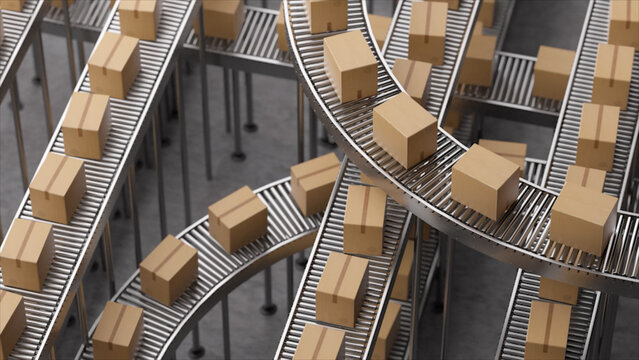 Cardboard boxes moving on a complex conveyor belt