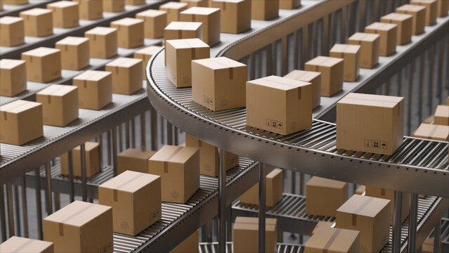Cardboard boxes moving on factory conveyor belt
