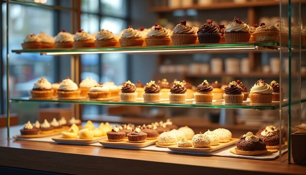 Delicious cupcakes, pastries arranged on glass shelves in confectionery store. Assortment of sweet treats with cream frosting, toppings, inviting customers to buy. Various confections displayed - Powered by Adobe
