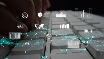 Close-up of hands typing on a computer keyboard surrounded by data visualization graphics and analytics icons, symbolizing the intersection of technology and information analysis. Xenic