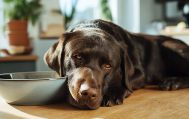 Chocolate Labrador retriever rests by a metal bowl in a kitchen. Sunlight streams in creating a warm calm mood.