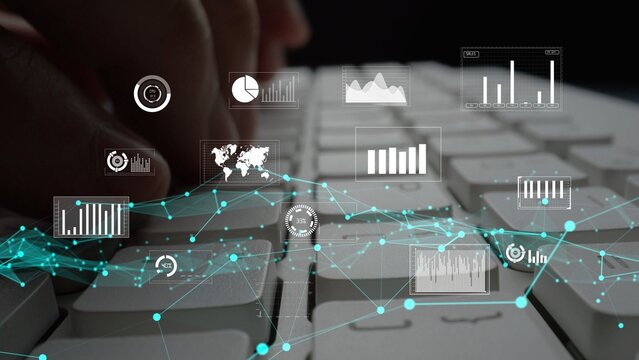 Close-up of hands typing on a computer keyboard surrounded by data visualization graphics and analytics icons, symbolizing the intersection of technology and information analysis. Xenic - Powered by Adobe