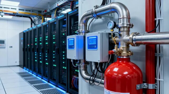 Closeup of a gassuppressing fire suppression system being set up in a hightech server room for rapid hazard control.