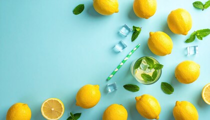 Refreshing Summer Drink with Fresh Lemons Ice Cubes and Mint Leaves Scattered on a Light Blue Background in Soft Daylight