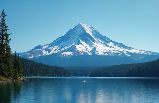 Snow-capped mountain peak rises above calm lake surrounded by dense forest. Person kayaks on serene water. Clear blue sky, mountain landscape create peaceful atmosphere. Majestic mountain scenery