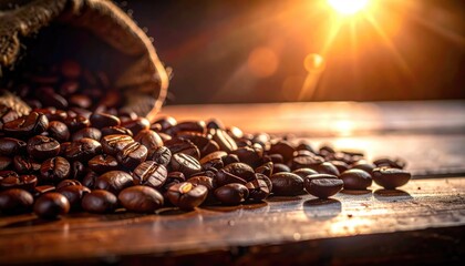 Roasted coffee beans spill from burlap sack onto rustic wooden surface with warm sunrise lens flare in background