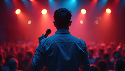 Comedian performs stand-up comedy on stage, holding microphone. Addresses large, attentive crowd in dark venue. Vibrant red, blue stage lights illuminate speaker, blurred audience, creating dynamic