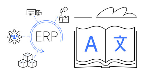 ERP with factory, truck, gear, and boxes connected to an open book with multilingual letters. Ideal for business, logistics, manufacturing, technology, integration global communication digital