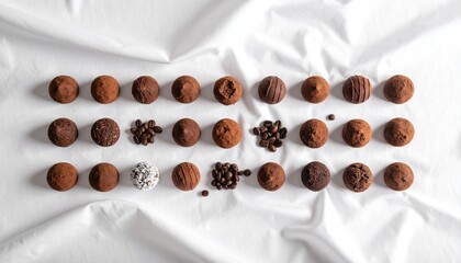 Row of Chocolate Truffles Arranged on White Fabric Displayed With Scattered Crumbs and Powdered Sugar Showing Different Textures and Toppings Under Soft Studio Lighting
