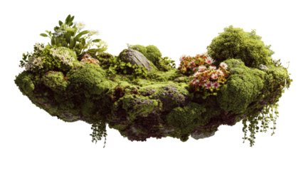 Floating island with moss, flowers, and a small rock