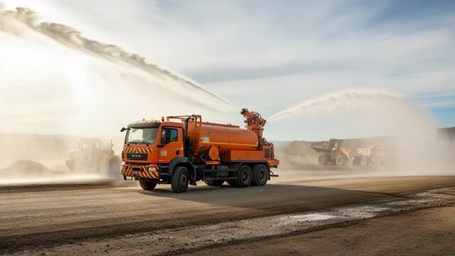 Medium shot showing a vehiclemounted dust suppression unit dispersing a watery spray to maintain clear air on a dirt road during heavy equipment movement.
