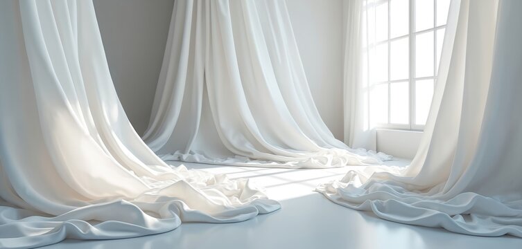 Soft white cloth drapes gracefully across room floor. Gentle fabric cascades near large window with sunlight. Pure textile texture creates calm, ethereal atmosphere. Minimalist background for - Powered by Adobe