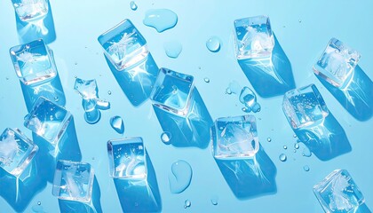 Refreshing Clear Ice Cubes Scattered On A Vibrant Light Blue Background With Water Droplets And Subtle Shadows