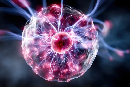 Scientific visualization of a colorful atomic structure with energy emissions