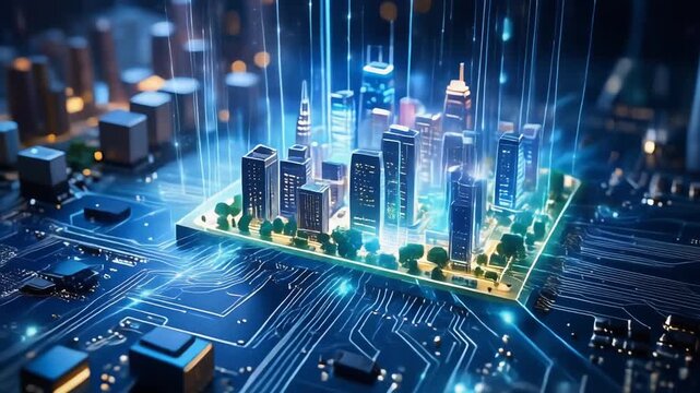 電子基板の上に広がる未来都市を象徴する光輝くビル模型の街並み