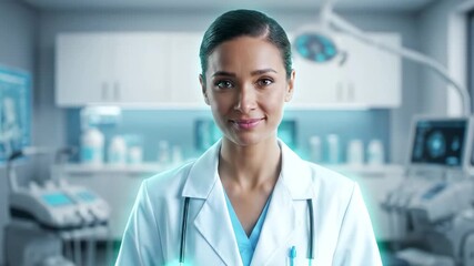 Female doctor in futuristic medical office with holographic displays. - Powered by Adobe