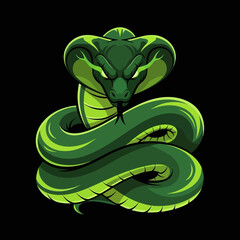 Striking Green Cobra Illustration with Glowing Eyes on Black Background.