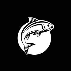 Stylized Fish Illustration in a White Circle on a Black Background.