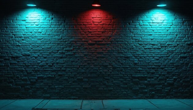 Dark brick wall illuminated by three spotlights with blue and red light. Urban night scene with colorful lighting on textured wall. Exterior ambience with modern style and urban art.