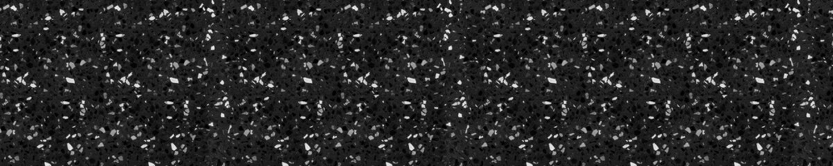 Seamless black terrazzo pattern with reflective white and gray stone fragments creating luxury dark texture for modern interiors
