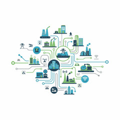 Urban communication systems illustrated with industrial icons and technology elements, showcasing interconnected factories and data lines.