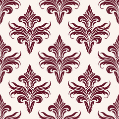 Classic damask seamless pattern with maroon floral ornaments on a cream background.