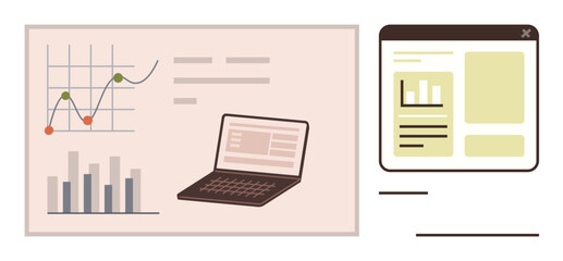 Laptop alongside bar graph and line chart representing data trends, web page interface, analytics elements. Ideal for business, research, statistics, finance, technology, productivity simple flat