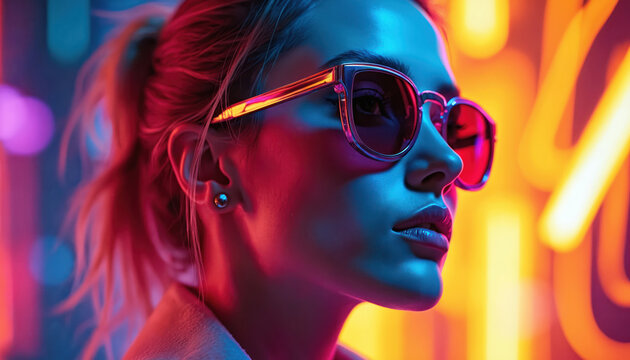 Stylish woman wears cool sunglasses. Her face is lit by bright blue and red neon light. Blurred orange glow adds futuristic vibe. Modern tech, vibrant club scene, night out, clubbing.