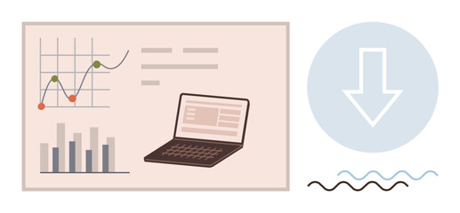 Graphical data charts, a laptop screen with data visualization, and a download arrow. Ideal for data analysis, reports, business, productivity, technology research minimalism. A simple flat