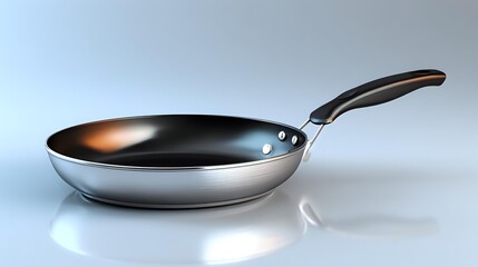 Modern stainless steel frying pan with non-stick coating and ergonomic handle on light blue background for cooking and kitchen equipment advertising.